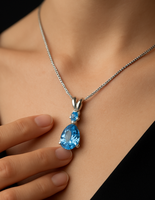Blue Topaz Teardrop Pendant Sterling 925 Silver Necklace18k White Gold Plated